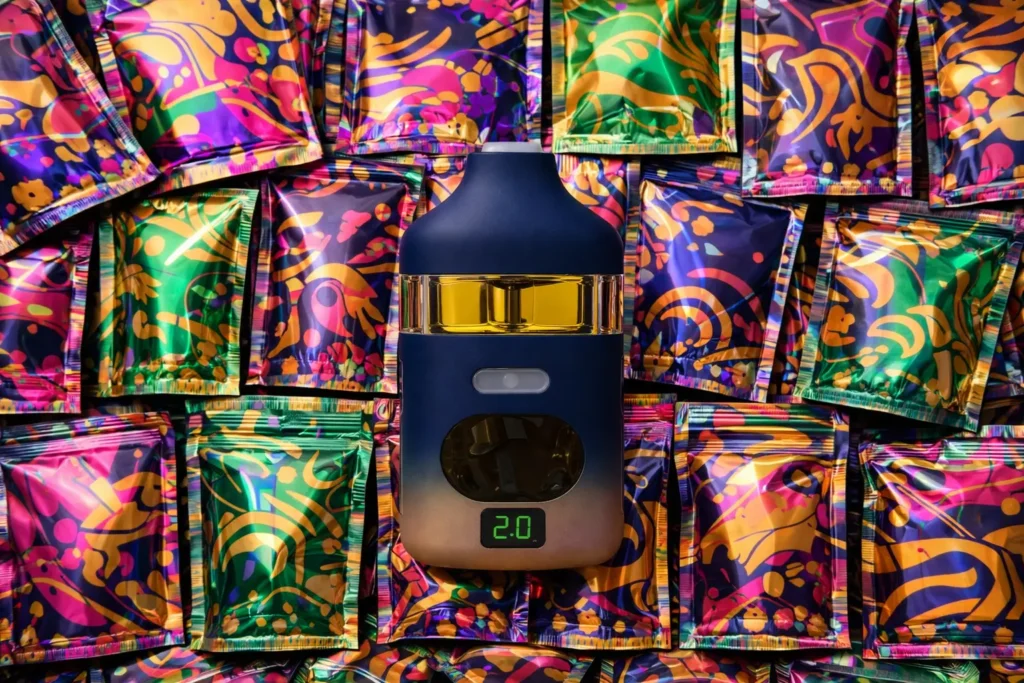 Wholesale 2g disposable carts arranged on dark wood surface with COA document and Passion Farms packaging