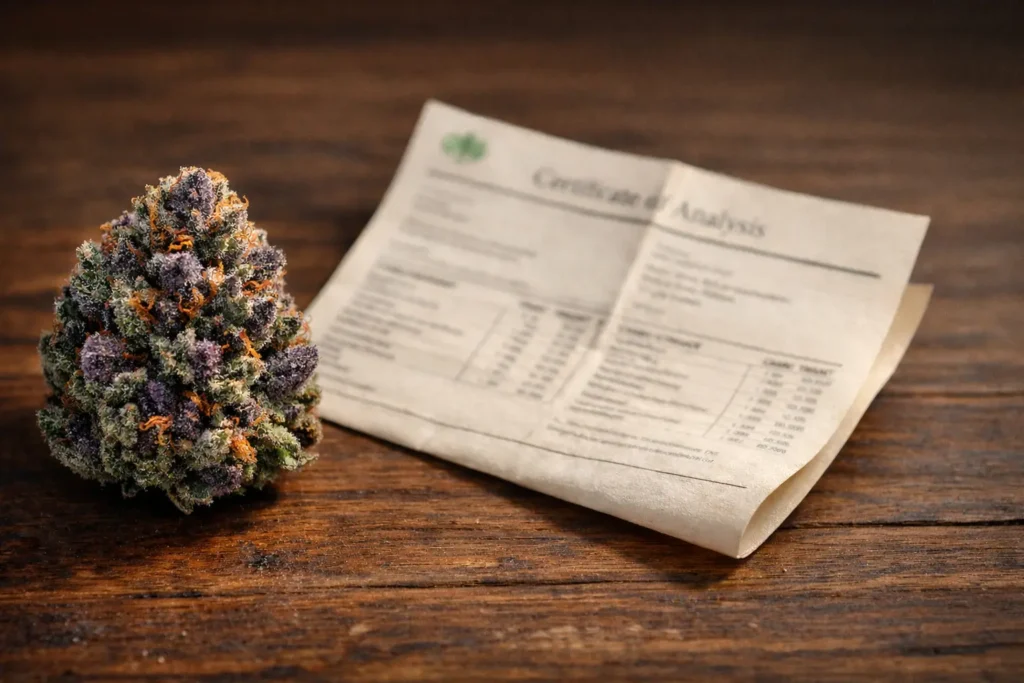 Close-up of indoor THCA flower beside a batch COA on dark wood, Passion Farms grower's guide to buy THCA flower online.